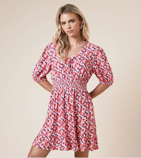Petite Floral Print Short Sleeves Mini Dress