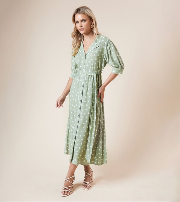Petite Polka Dots Belted Short Sleeves Shirt Dress
