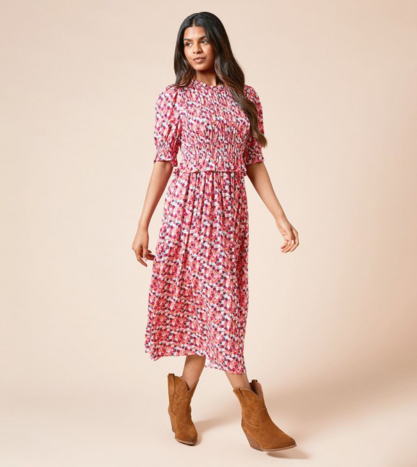 Petite Floral Print Printed Bodice Puff Sleeves Midi Dress