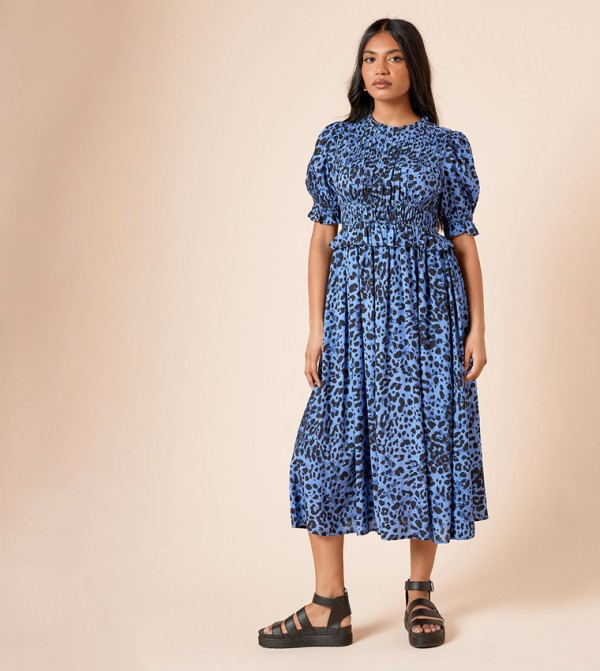 Petite Animal Shirred Bodice Puff Sleeves Midi Dress