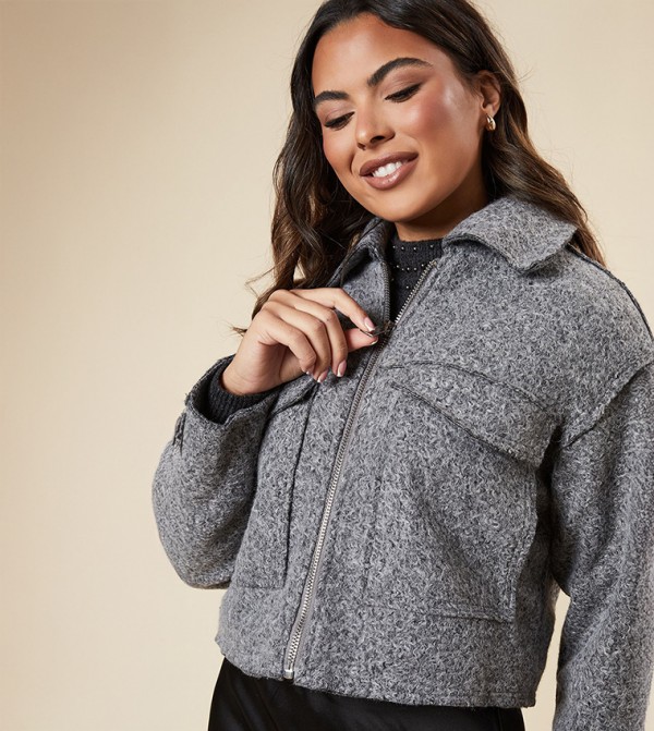 Zip Front Pocket Detail Crop Jacket