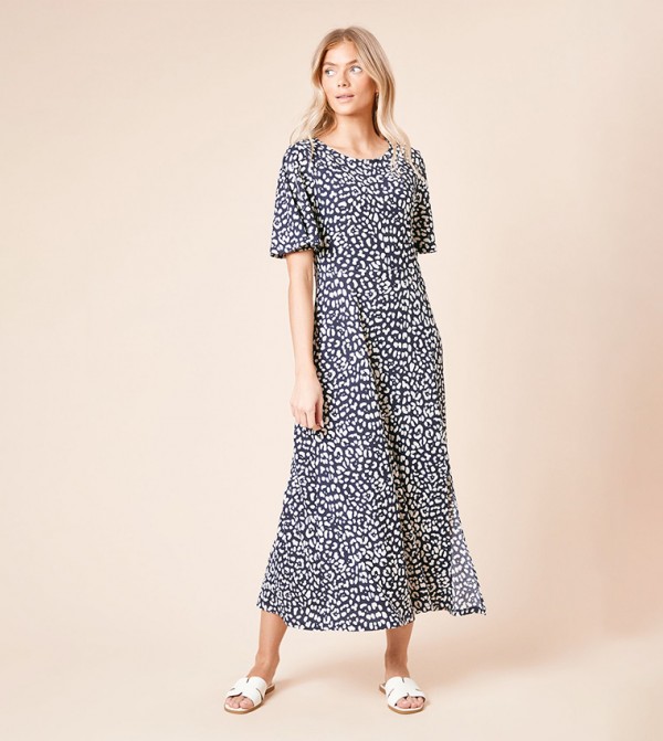 Leopard Printed Short Sleeve Midi Dress
