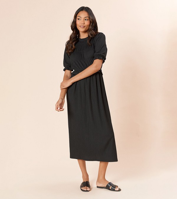 Puff Sleeves Smocked Bodice Peplum Midi Dress