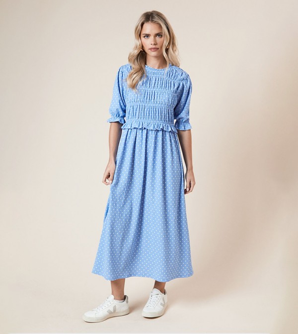 Petite Polka Dots Short Sleeves Peplum Midi Dress