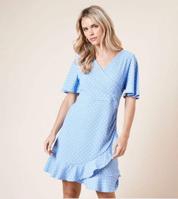 Petite Polka Dots Short Sleeves Wrap Mini Dress