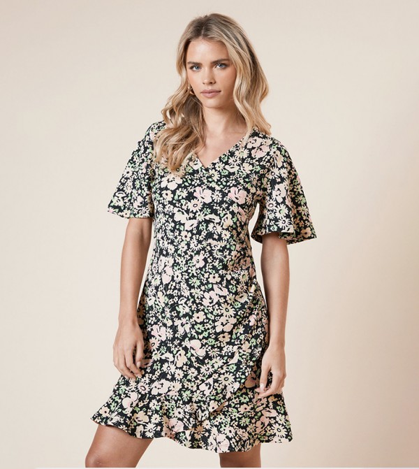 Petite Printed Short Sleeves Wrap Mini Dress