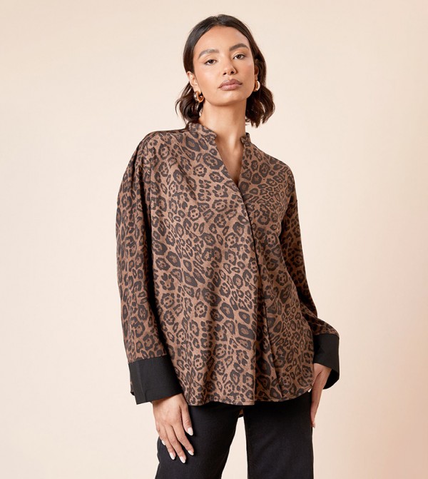 Leopard Print Long Sleeves Wrap Top