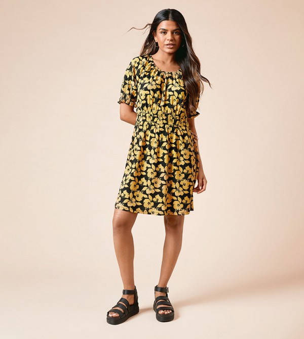 Petite Floral Print Pleat Front Short Sleeves Mini Dress