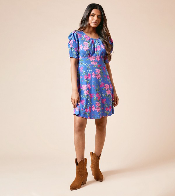 Petite Floral Print Puff Sleeves Mini Dress