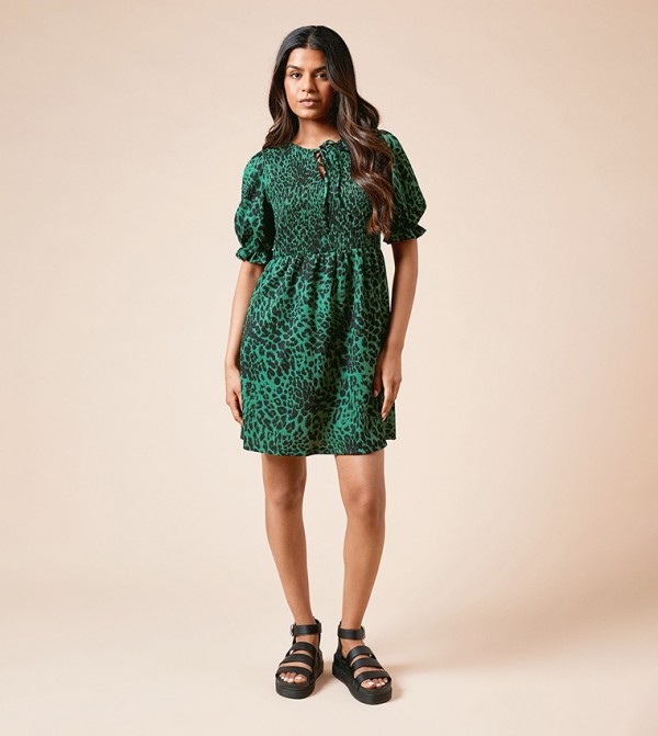 Petite Animal Print Smocked Front Mini Dress