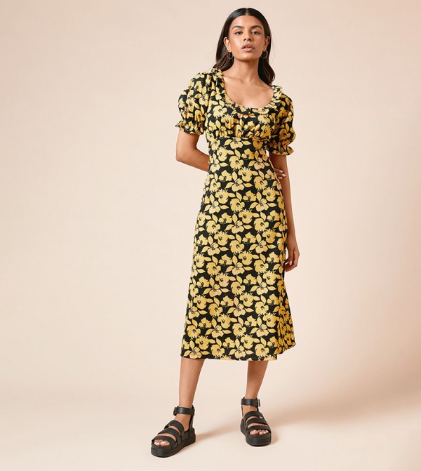 Petite Floral Print Frill Neck Midi Dress