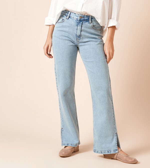 Washed High Waist Straight Fit Jeans