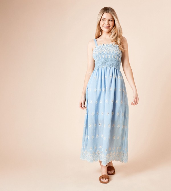 Embroidered Shirred Bodice Midi Dress