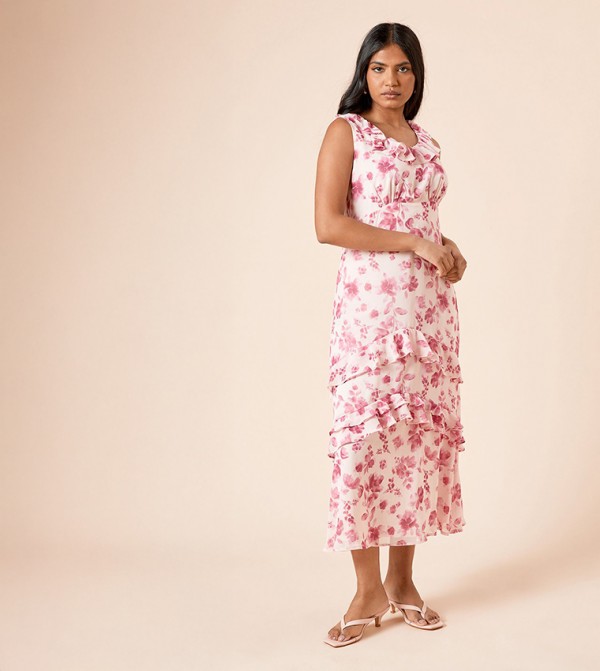 Petite Printed Frill Neck Ruffle Detail Midi Dress