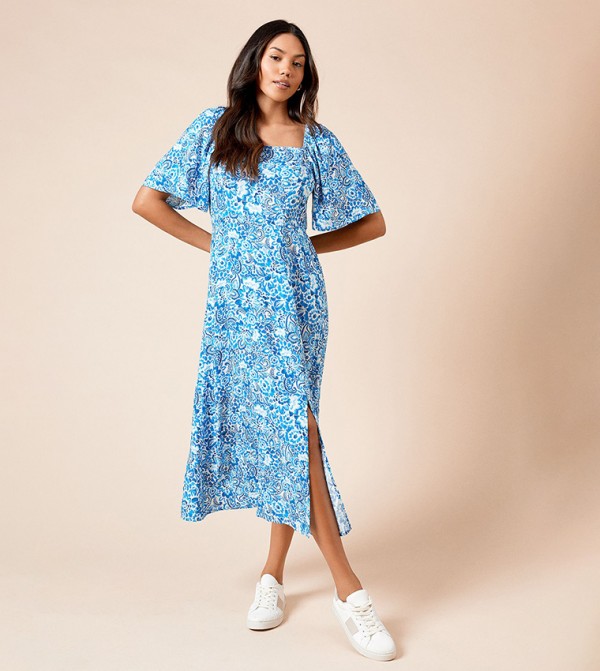 Square Neck Angel Sleeves Midi Dress
