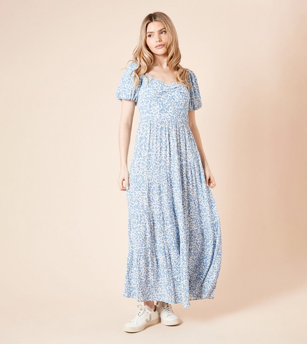 Tiered Puff Sleeves Twist Front Midaxi Dress