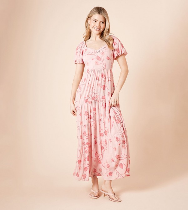 Puff Sleeves Twist Front Tiered Midaxi Dress