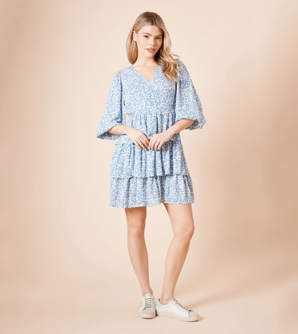 Wrap Front Tiered Blouson Sleeves Mini Dress