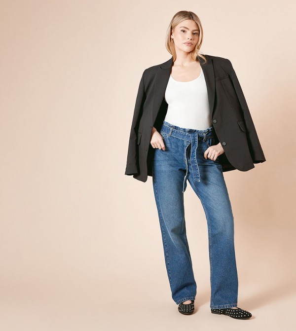 Washed Tie Waist Paper Bag Jeans