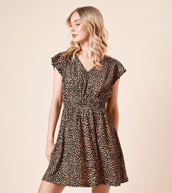 Animal Print Flutter Sleeves V-Neck Mini Dress