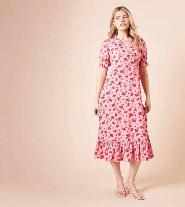 Floral Print Wrap Front Frill Detail Tiered Hem Midi Dress
