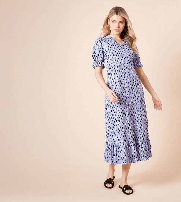 Polka Dots Wrap Front Frill Detail Tiered Hem Midi Dress