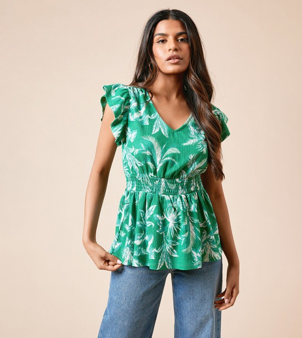 Petite Palm Printed Flutter Sleeves Peplum Top