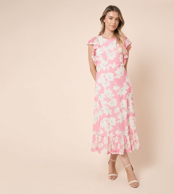 Frill Sleeves Belt Detail Mesh Midi Dress