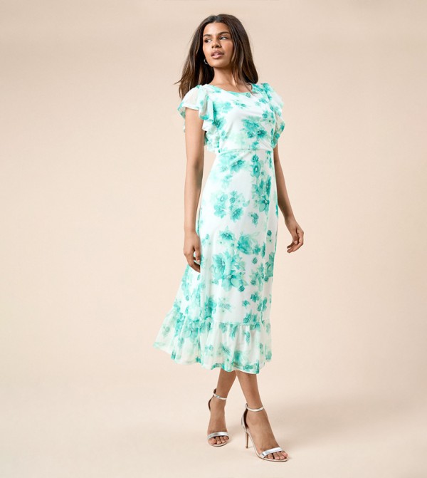 Petite Floral Frill Sleeves Belt Detail Mesh Jersey Midi Dress