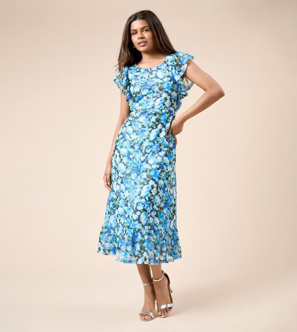 Petite Black Floral Frill Sleeves Belt Detail Mesh Jersey Midi Dress