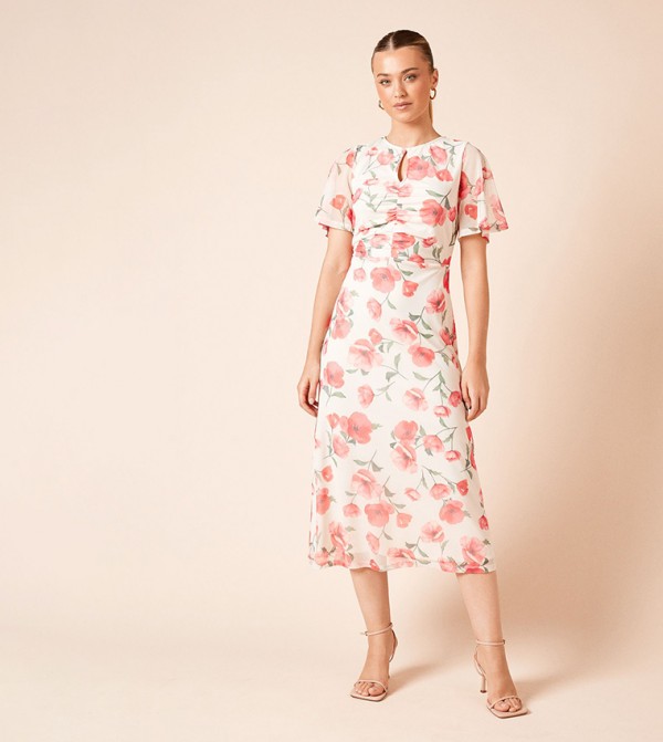 Printed Poppy Short Sleeves Keyhole Mesh Midi Dress