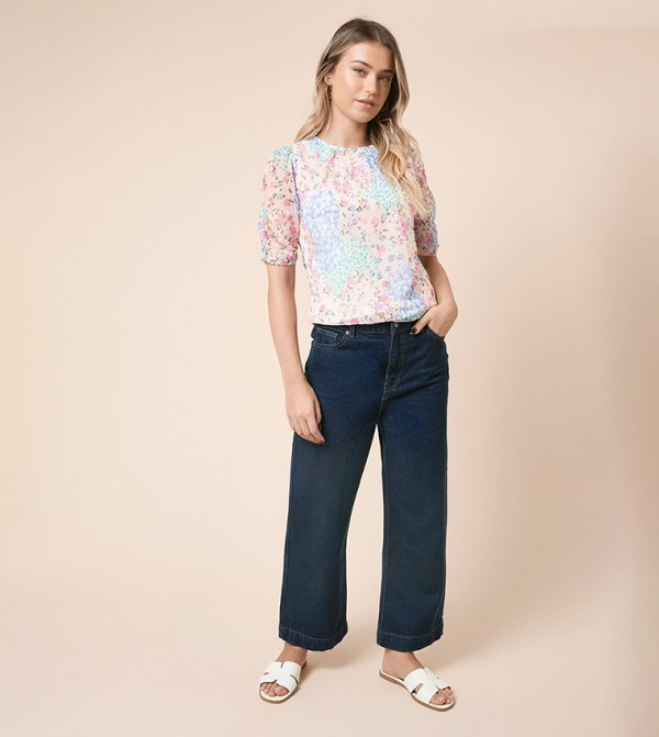 Floral Gathered Neckline Puff Sleeves Mesh Top