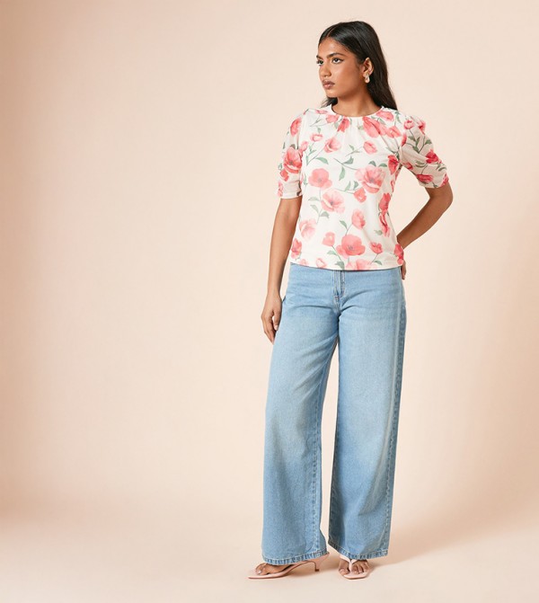 Petite Floral Print Puff Sleeves Mesh Top