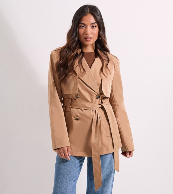 Petite Double Breasted Belted Trench Coat