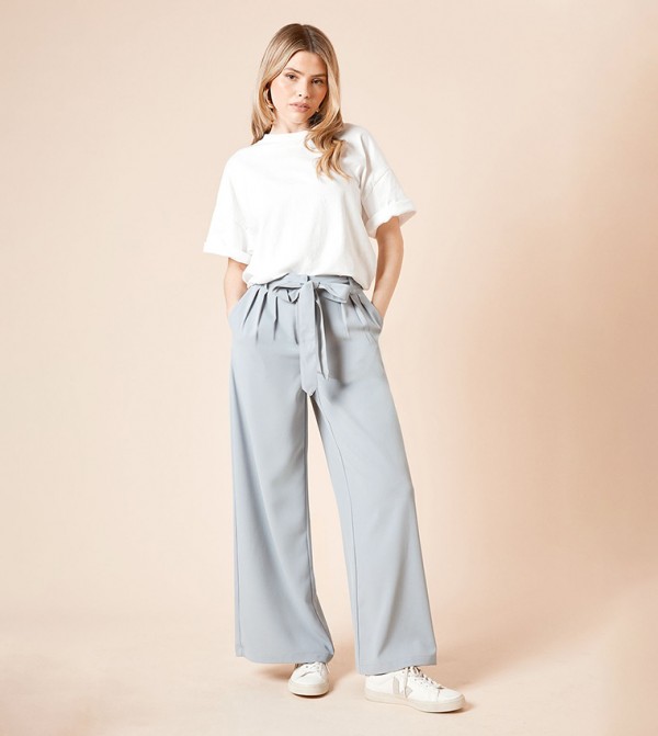 Pleated Belted Wide Leg Trousers