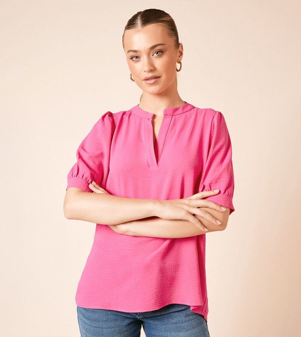 Solid Puff Sleeves Overhead Top