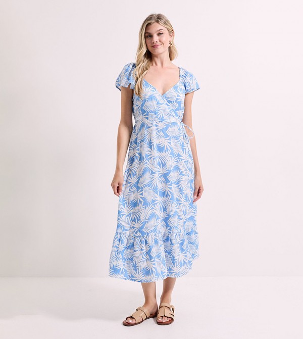 Printed Wrap Front Frill Sleeves Tiered Midi Dress