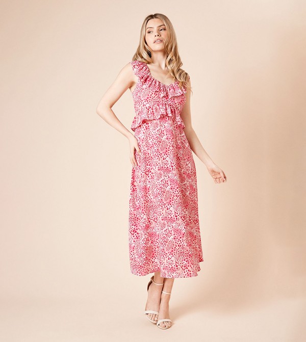 Animal Patchwork Frill Neck Tie Back Midi Dress