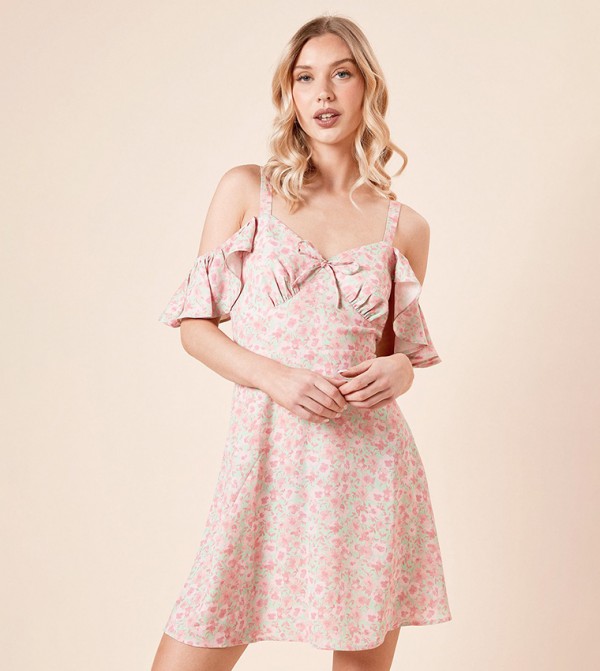 Floral Tie Front Cold Shoulder Mini Dress