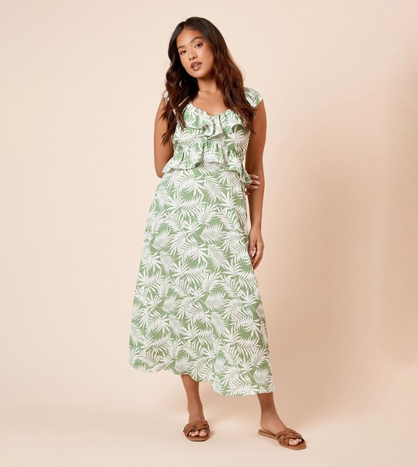 Petite Palm Frill Neck Tie Back Midi Dress