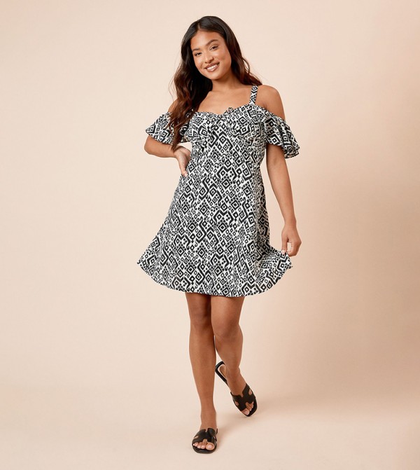 Petite Mono Tie Front Cold Shoulder Mini Dress