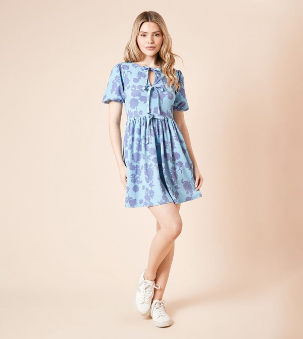 Floral Print Bow Tie Front Puff Sleeves Mini Dress