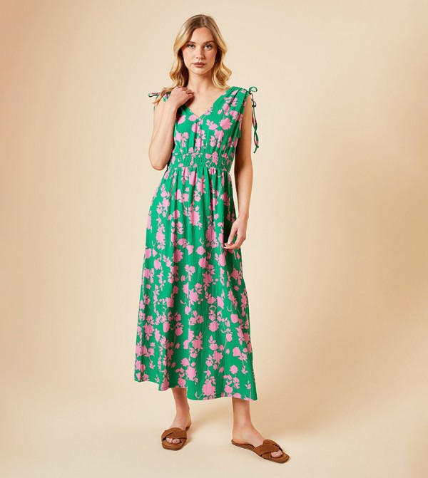 Floral Tie Shoulder Shirred Waist Midi Dress