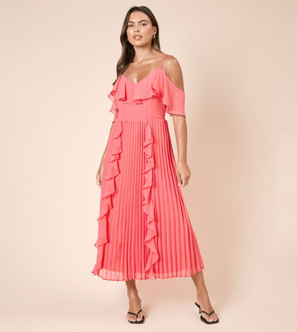 DP Luxe Ruffle Front Cold Shoulder Midi Dress