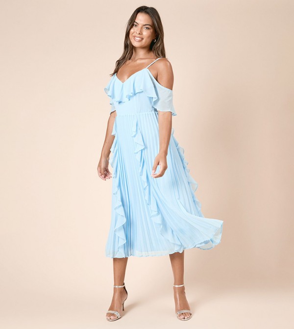 DP Petite Luxe Ruffle Front Cold Shoulder Midi Dress