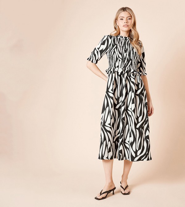 Mono Printed Shirred Bodice Peplum Midi Dress