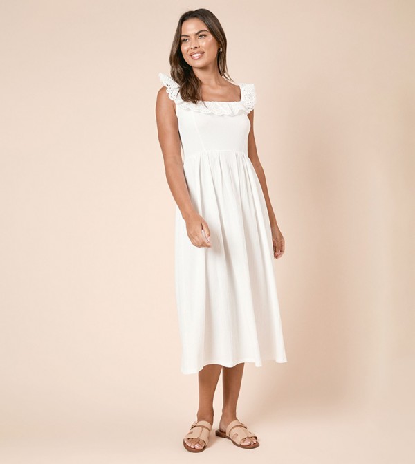 Broderie Sleeves Jersey Midi Dress