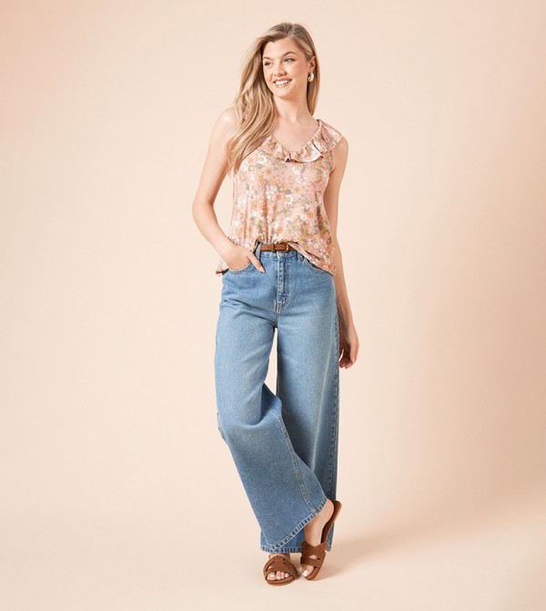 Printed Frill Neck Top