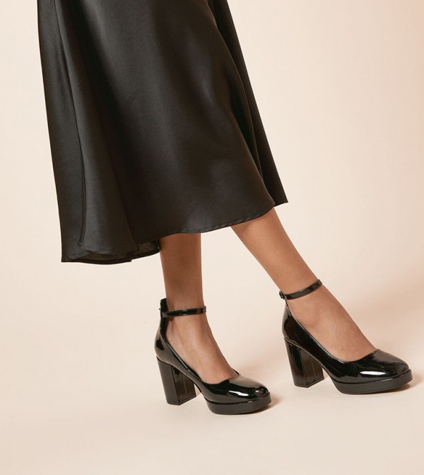 Vanessa Faux Patent Leather Ankle Strap Block Heel Pumps