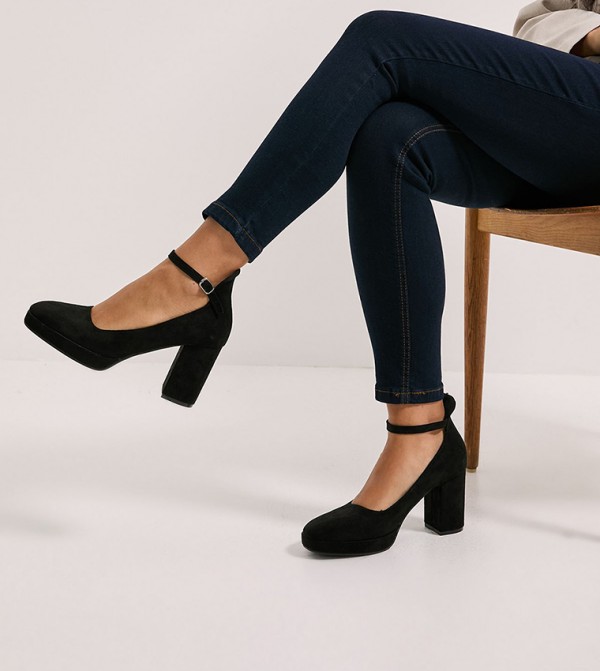 Vanessa Faux Suede Ankle Strap Block Heel Pumps